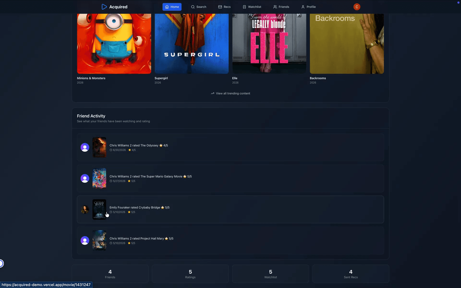 Home — trending and friend activity
