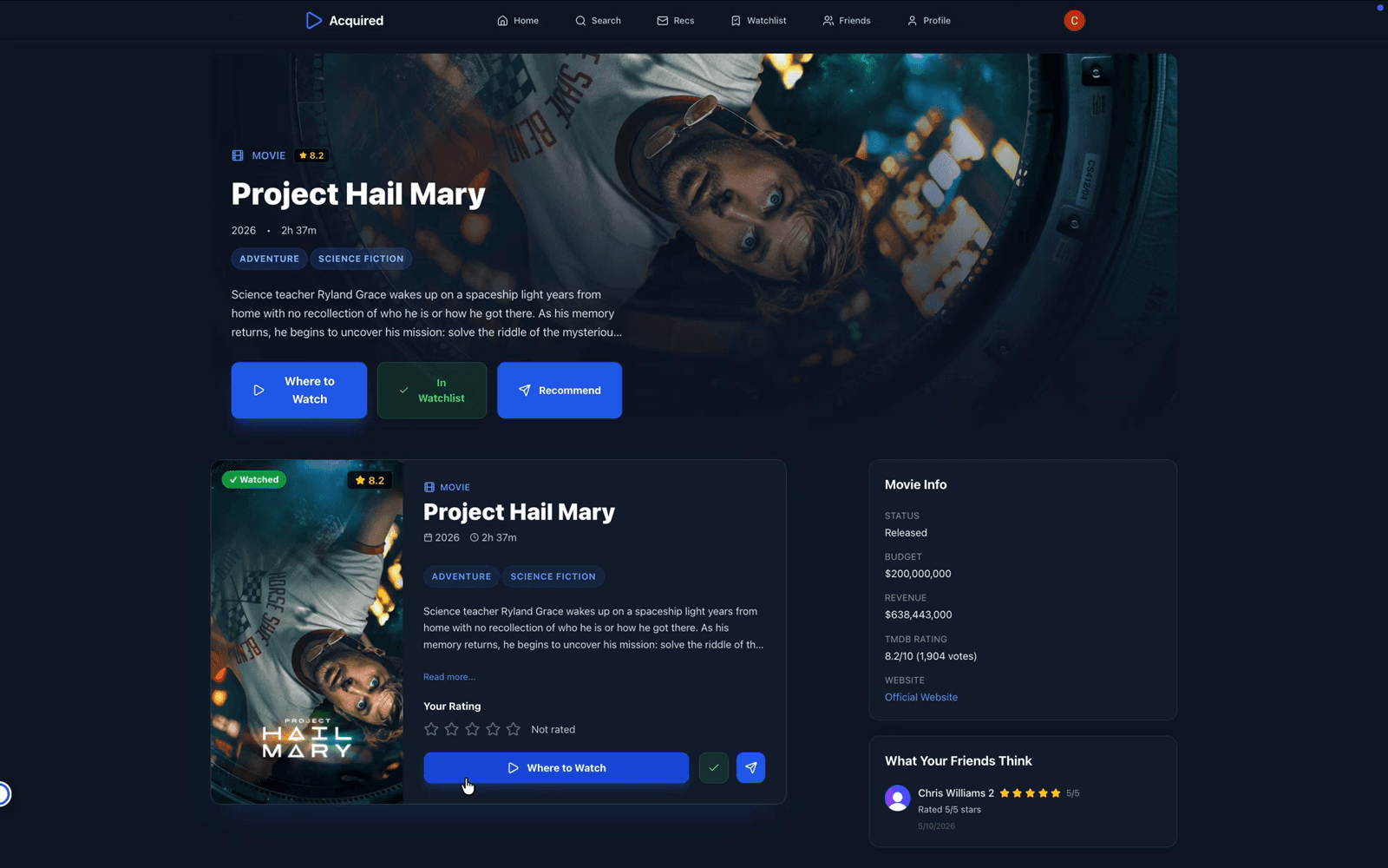 Movie detail — friend ratings and watchlist