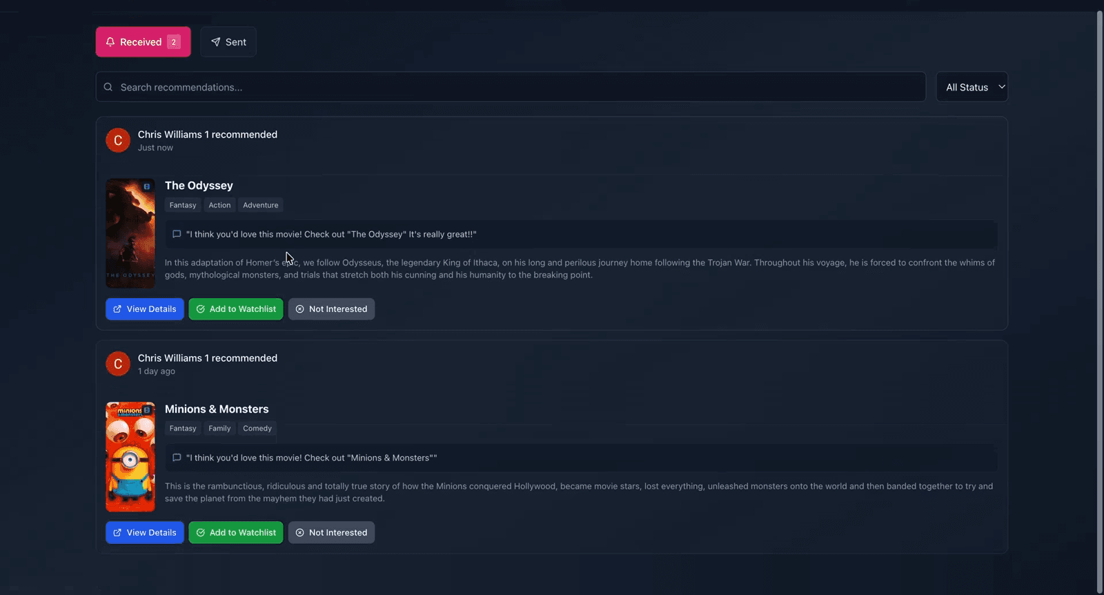 Recommendations inbox
