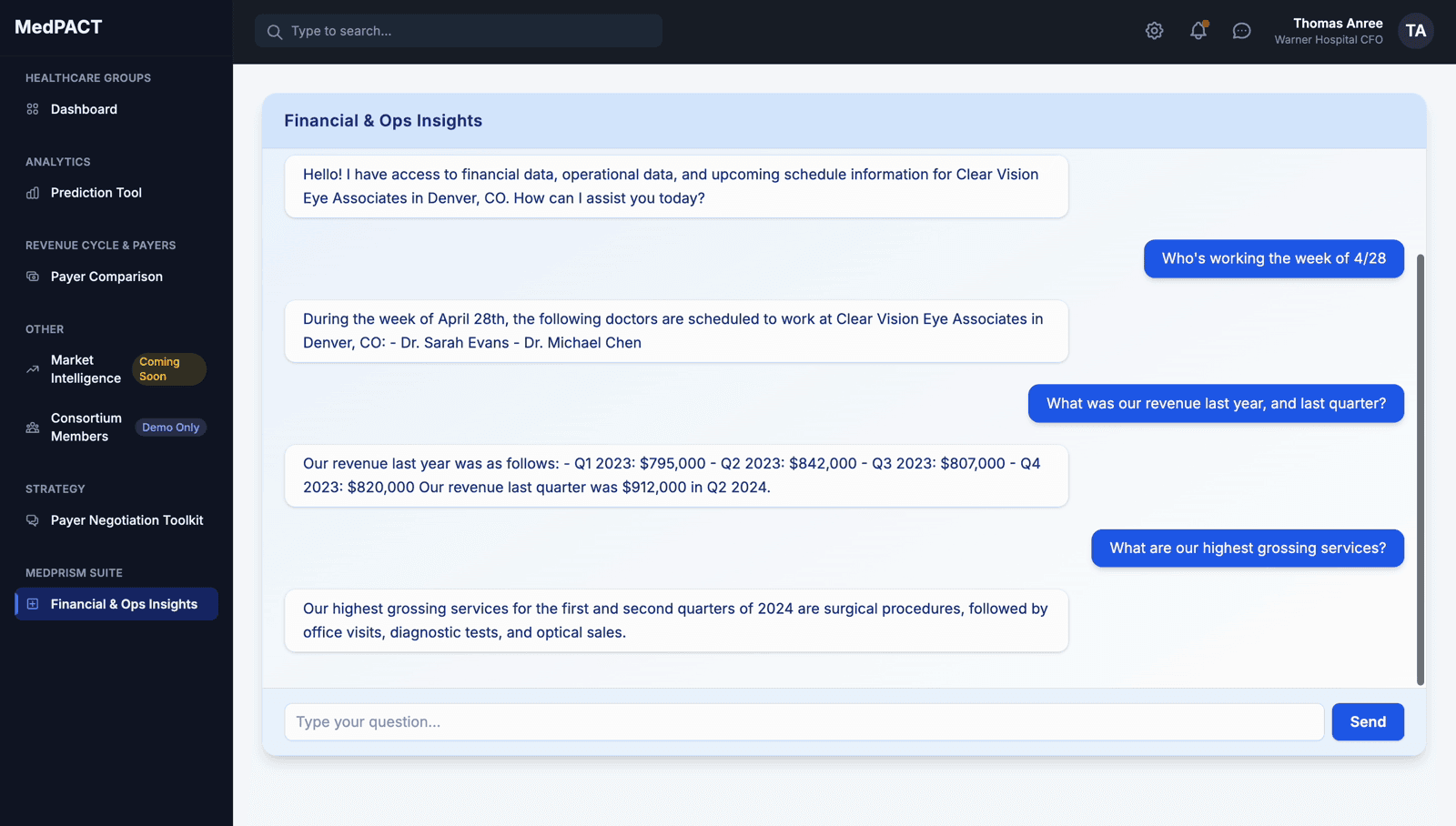 Financial & Ops Insights — conversational analytics over practice data