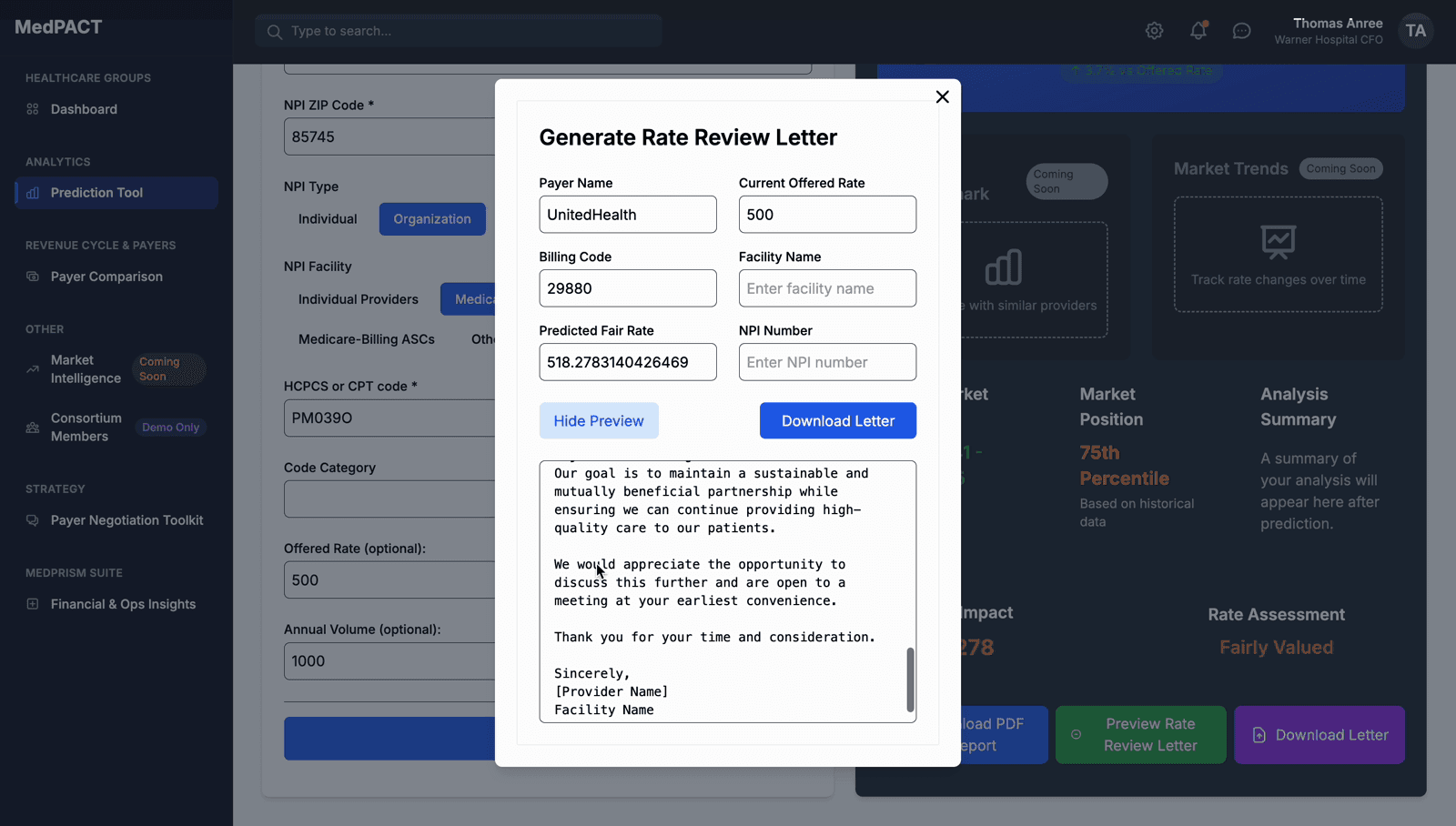 Generating a payer rate-review letter from a prediction