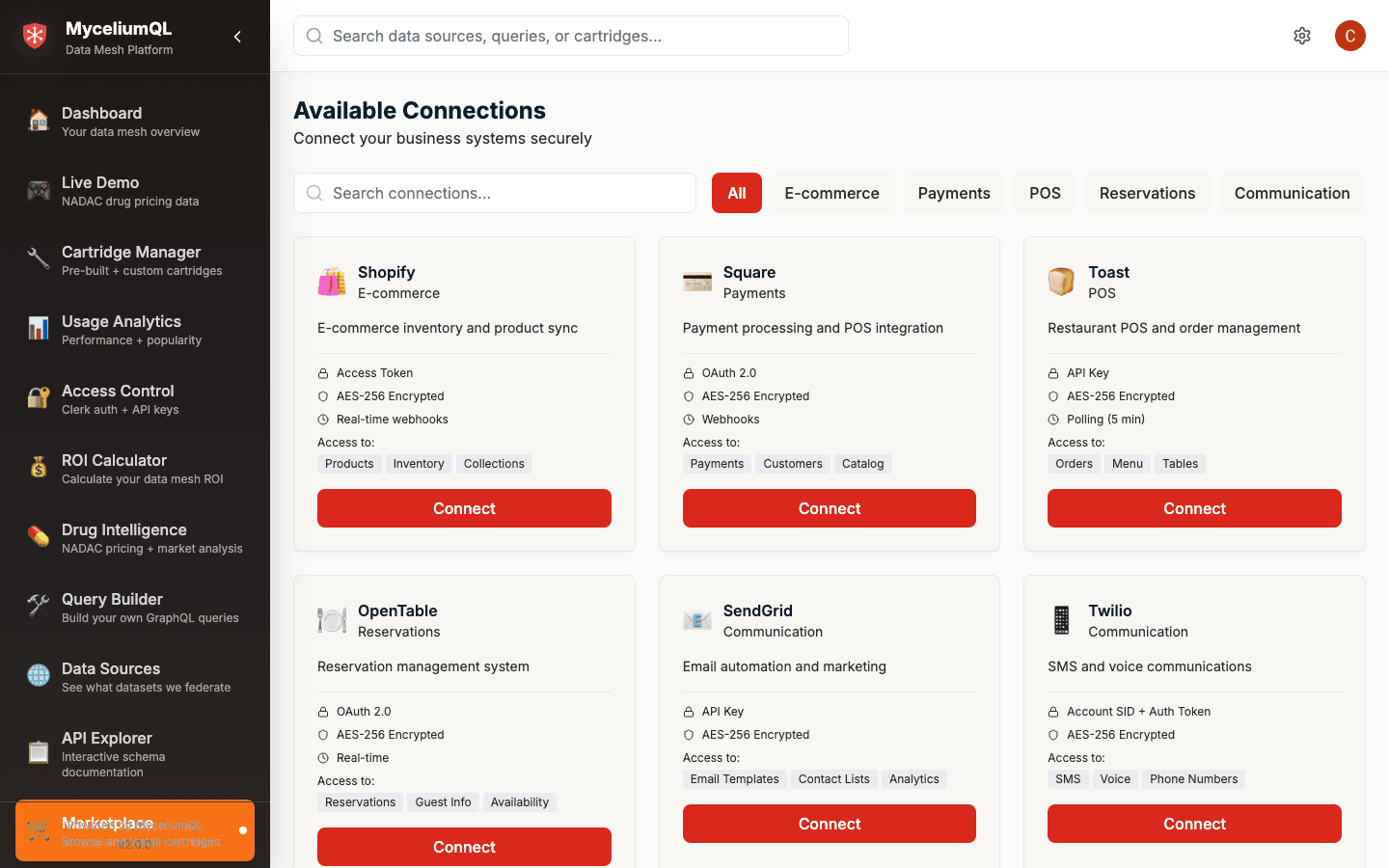 Connection marketplace — pre-built integration cartridges