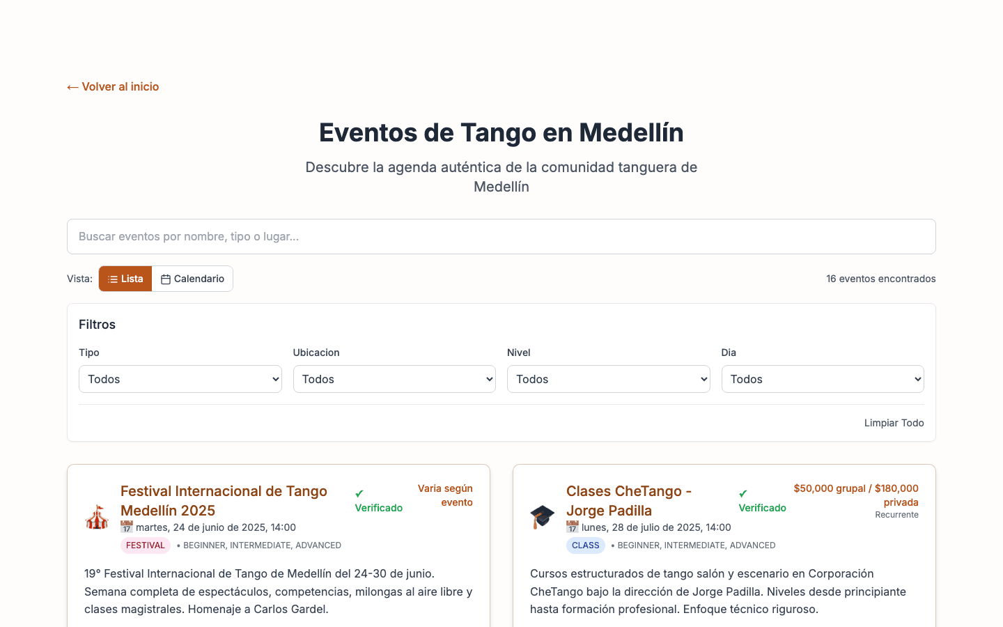 Eventos de Tango en Medellín — verified community events