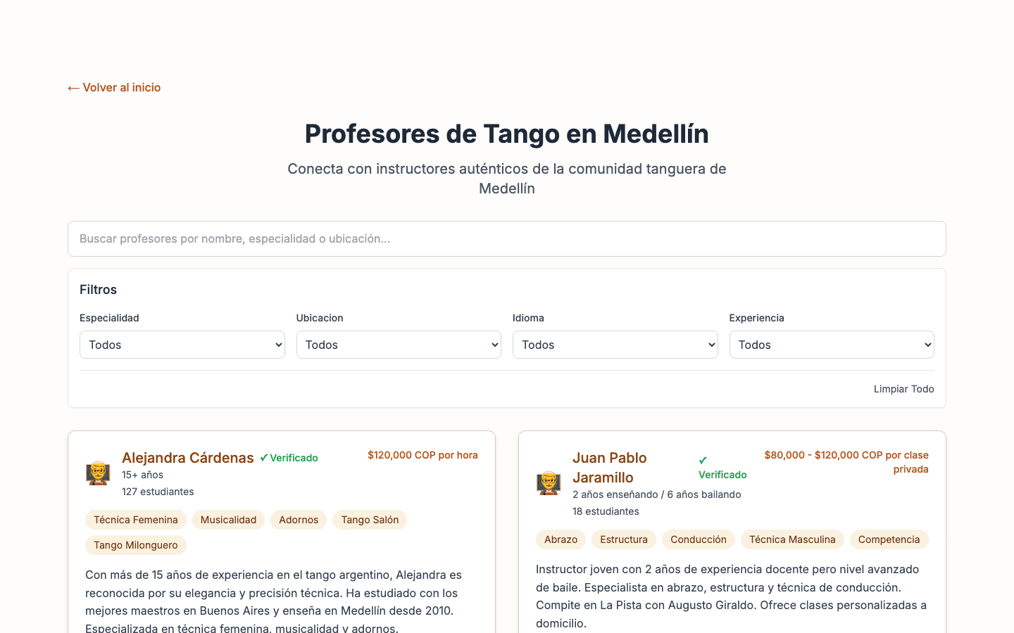 Teacher marketplace — specialties, experience, per-class pricing