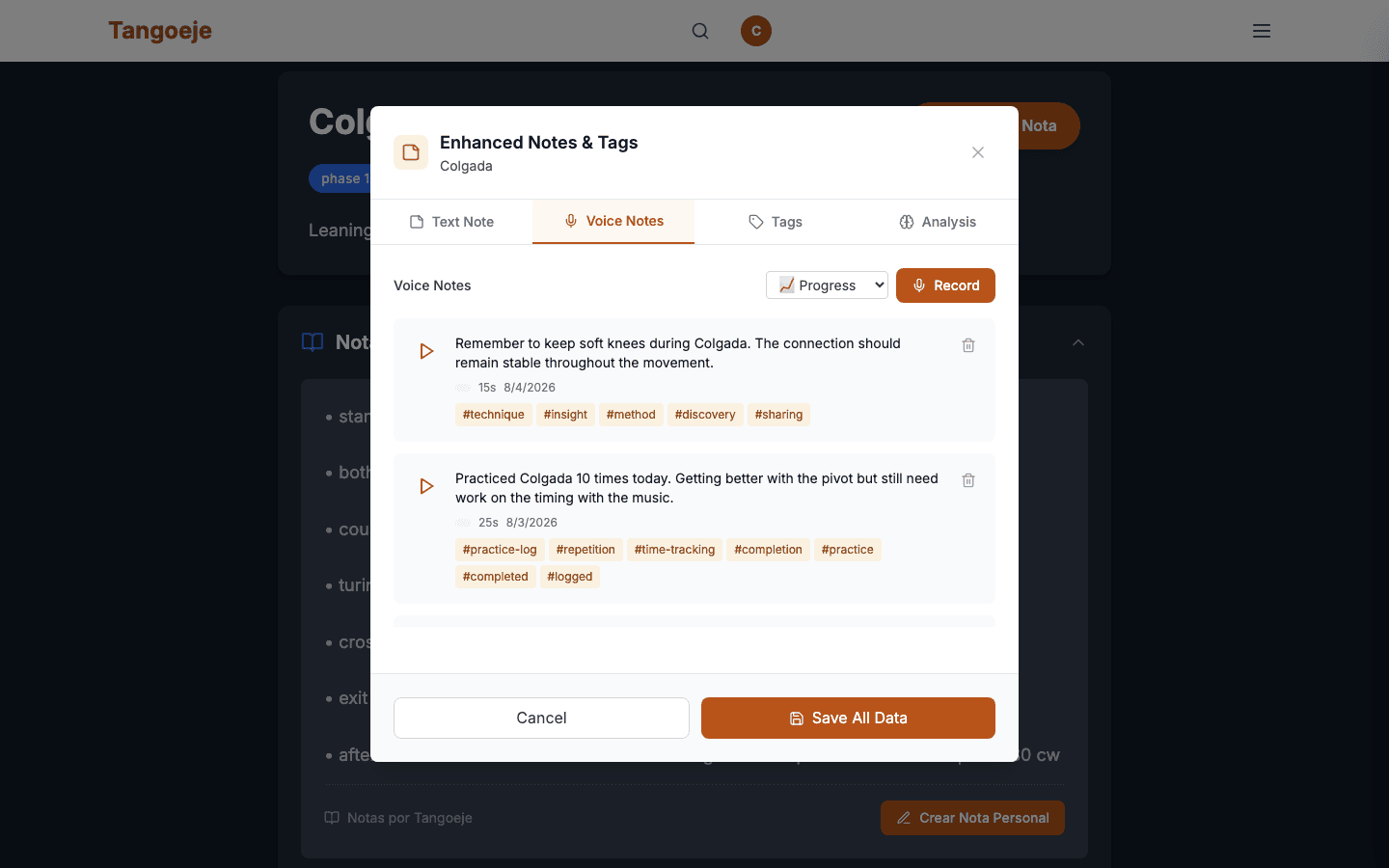 Voice notes on a move — recordings auto-tagged #technique, #practice-log